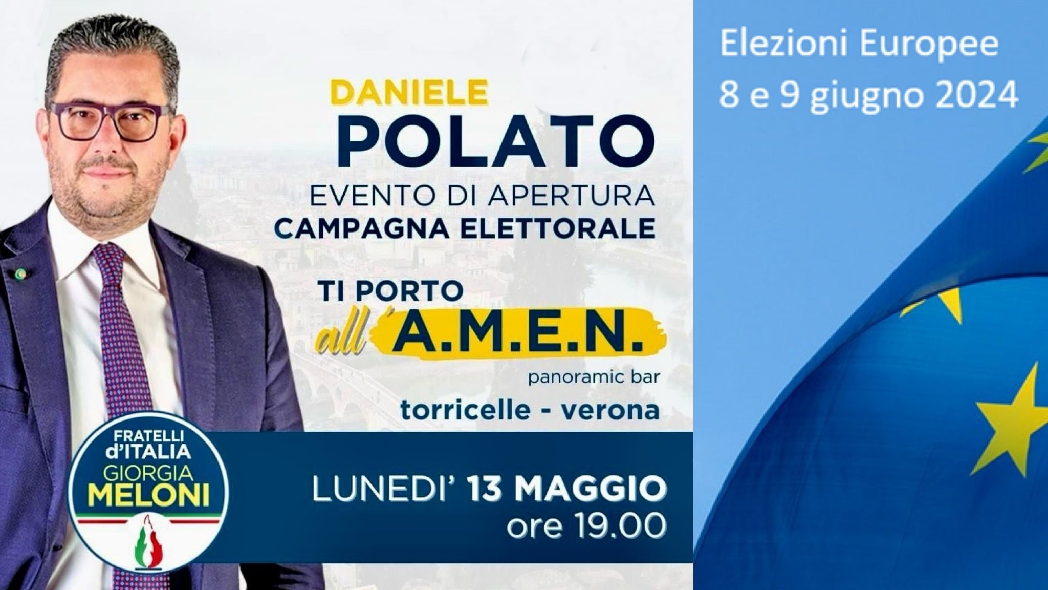 VERSO LE ELEZIONI EUROPEE. DANIELE POLATO LANCIA LA SUA CAMPAGNA ELETTORALE. LUNEDÌ 13 MAGGIO ALLE 19 IL PRIMO EVENTO ALL’ A.M.E.N. SULLE TORRICELLE.