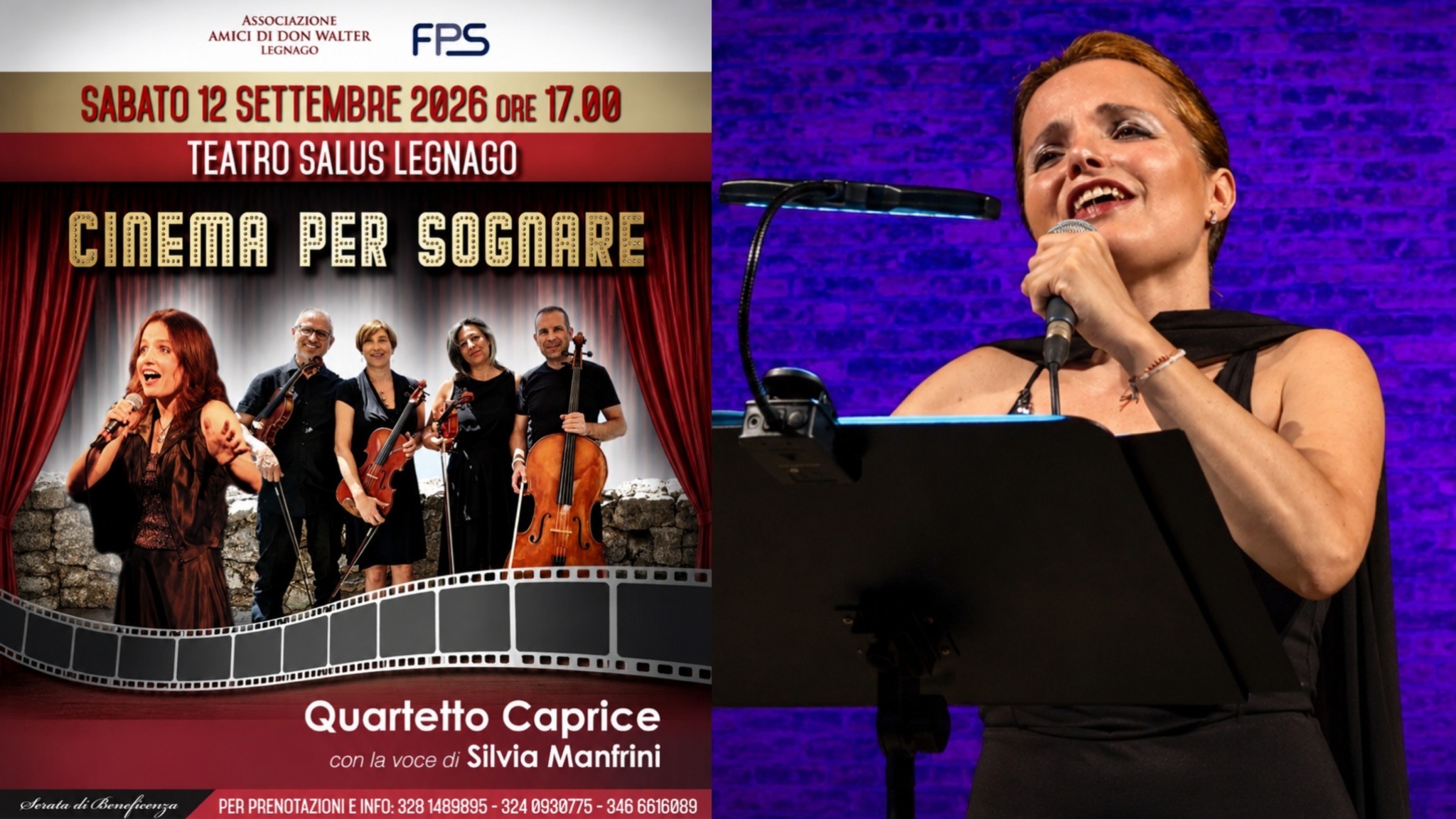 LEGNAGO. FRANCE SALVATORE RIACCENDE IL SIPARIO: AL SALUS ARRIVA “CINEMA PER SOGNARE” CON IL QUARTETTO CAPRICE E SILVIA MANFRINI